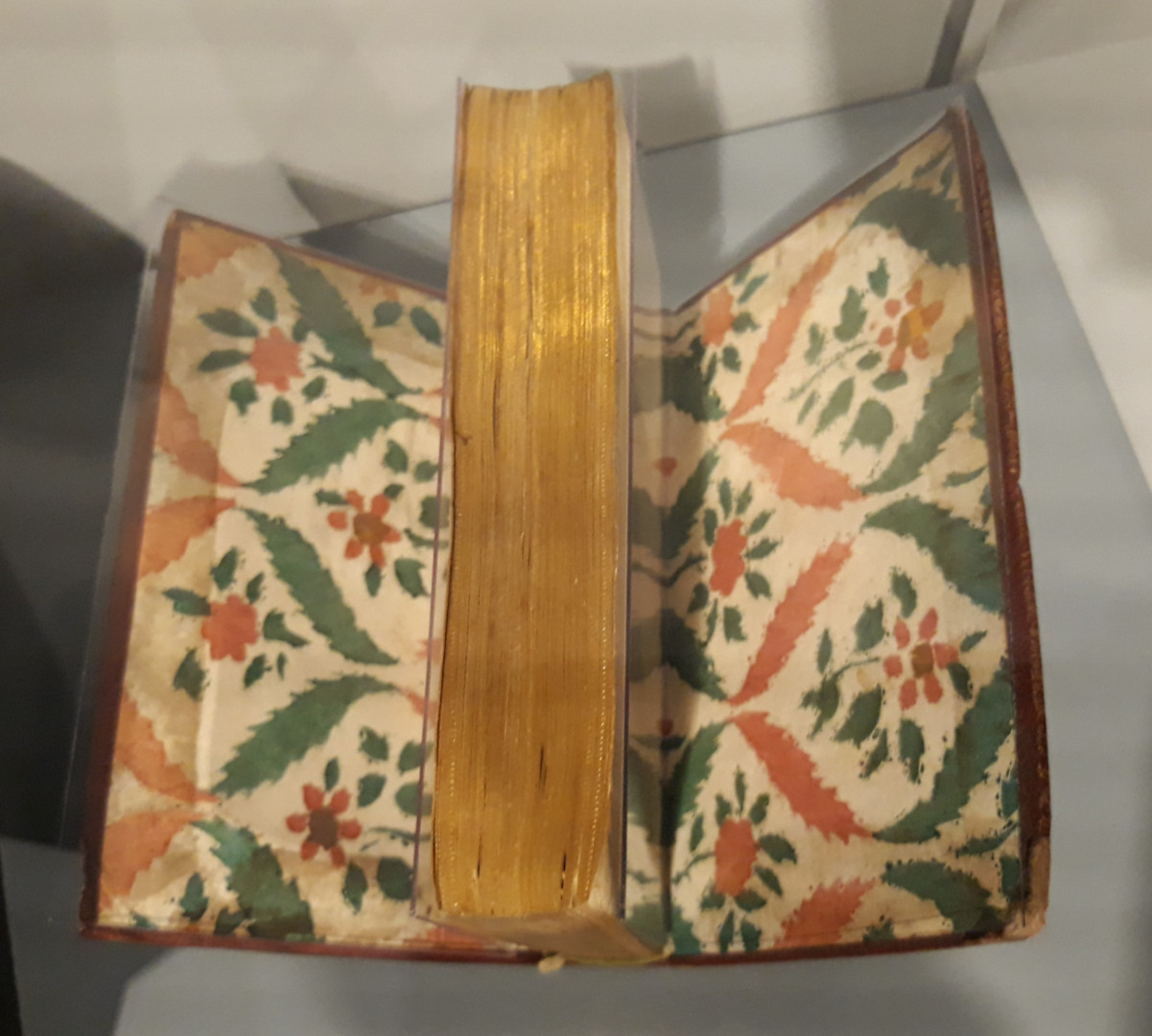 Livre ouvert de façon à montrer les contregardes en papier dominoté imprimé en bleu et rouge, de chaque côté du corps d'ouvrage dont la tranche est dorée.