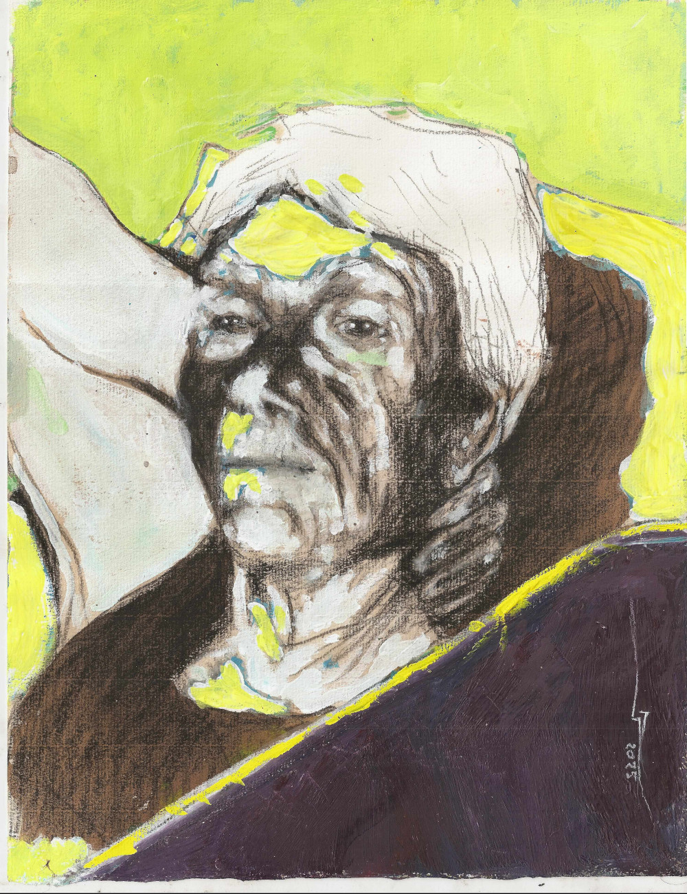 Portarit de Aline à la gouache, pierre noire + brou de noix. C'est un petit format 25x35 cm. Dominance de jaune citron et un violet au premier plan. En fait Aline regardait à ce moment la télé