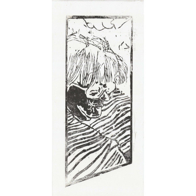 Gravure sur bois, portrait de Sylvie, membre de l'asso de gravures. Couleur un peu bordeaux, en fait obtenu par un mélange de noir et de sanguine