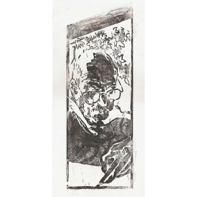 Gravure sur bois, portrait de Philippe, membre de l'asso de gravures. Couleur un peu bordeaux, en fait obtenu par un mélange de noir et de sanguine