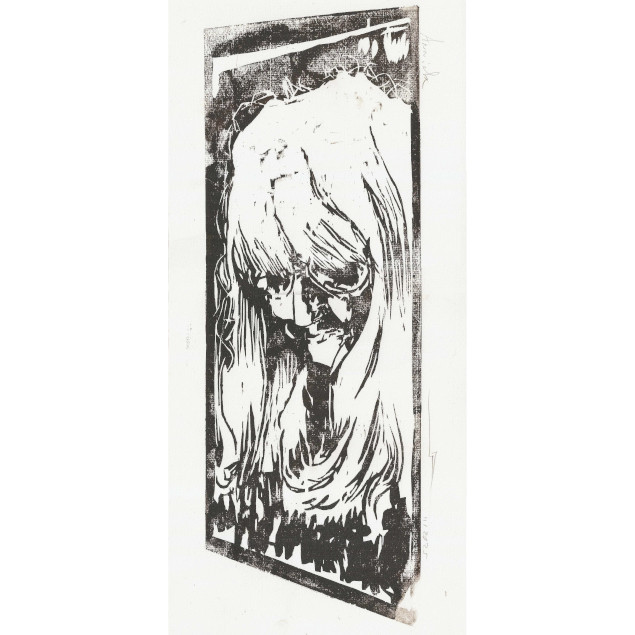 Gravure sur bois, portrait de Annick, membre de l'asso de gravures. Couleur un peu bordeaux, en fait obtenu par un mélange de noir et de sanguine