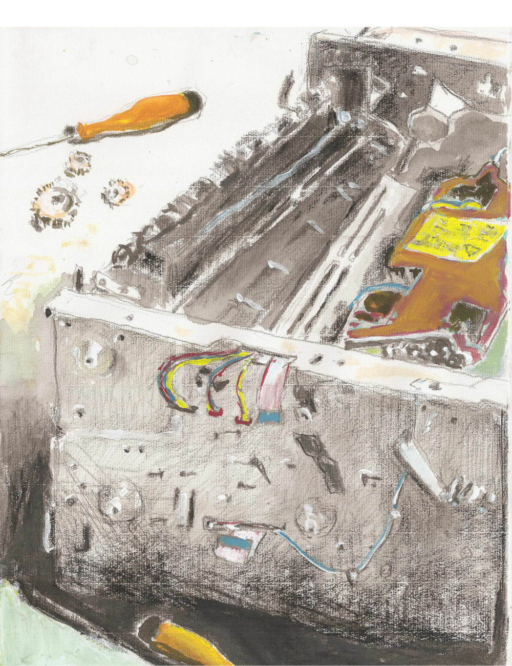 une imprimante en réparation, on voit deux manches de tournevis et trois pignons outre l'imprimante en question. on voit l'intérieur d'une imprimante laser avec son four de fusion et je ne sais plus comment çà s'appelle, le bloc qui stocke et envoie les fichiers vers ce four  peint exprès en rouge