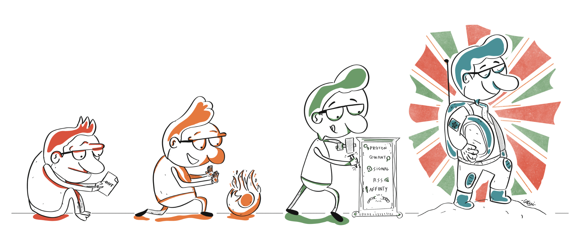 Evolution de la dégooglelisation :
1/ Personnag avec un fichier .odt
2/ Personnage avec un feu-Firefox
3/ Personnage qui grave sur une pierre les différents outils utilisés
4/ Personnage en explorateur de l'espace avec l'écusson Fedivers