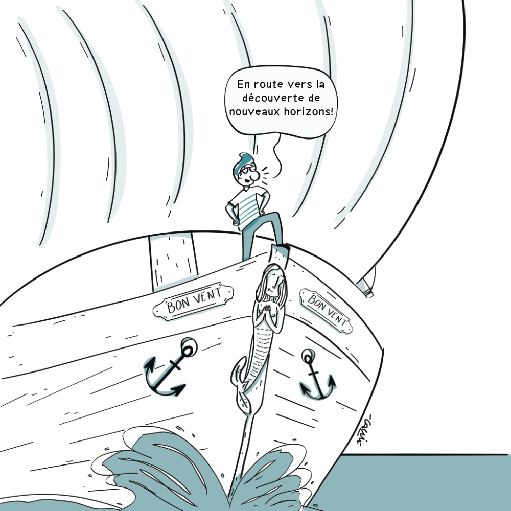 Marin sur un bateau à voile nommé "bon vent". Il se tient fièrement sur la proue et dit "En route vers la découverte de nouveaux horizons!"