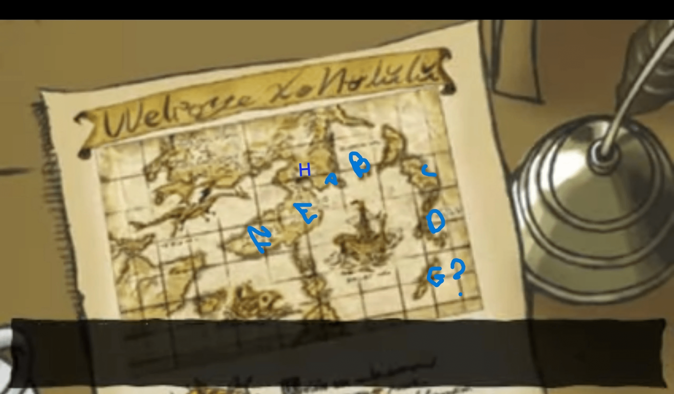 Map from the trailer of Nalulu with countries mmarked with letters.