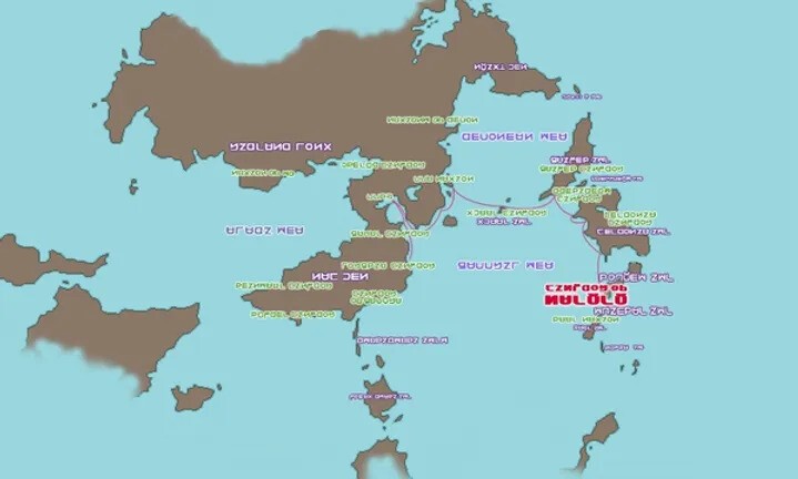 Image of the continents of World Neverland written in the language of the world.