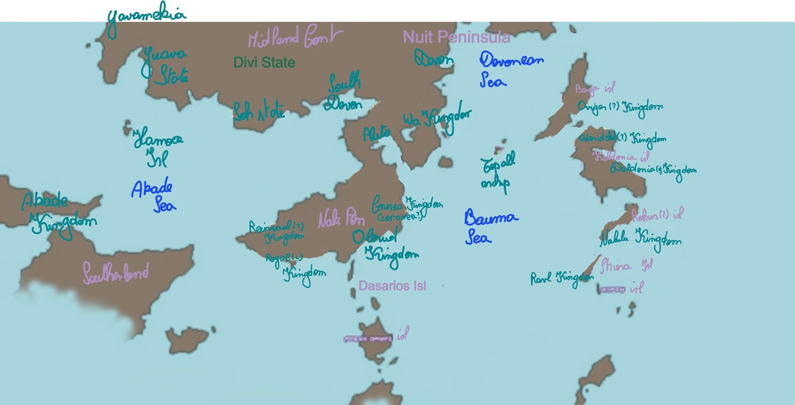 Image of the continents of World Neverland with my written translations of the different countries.