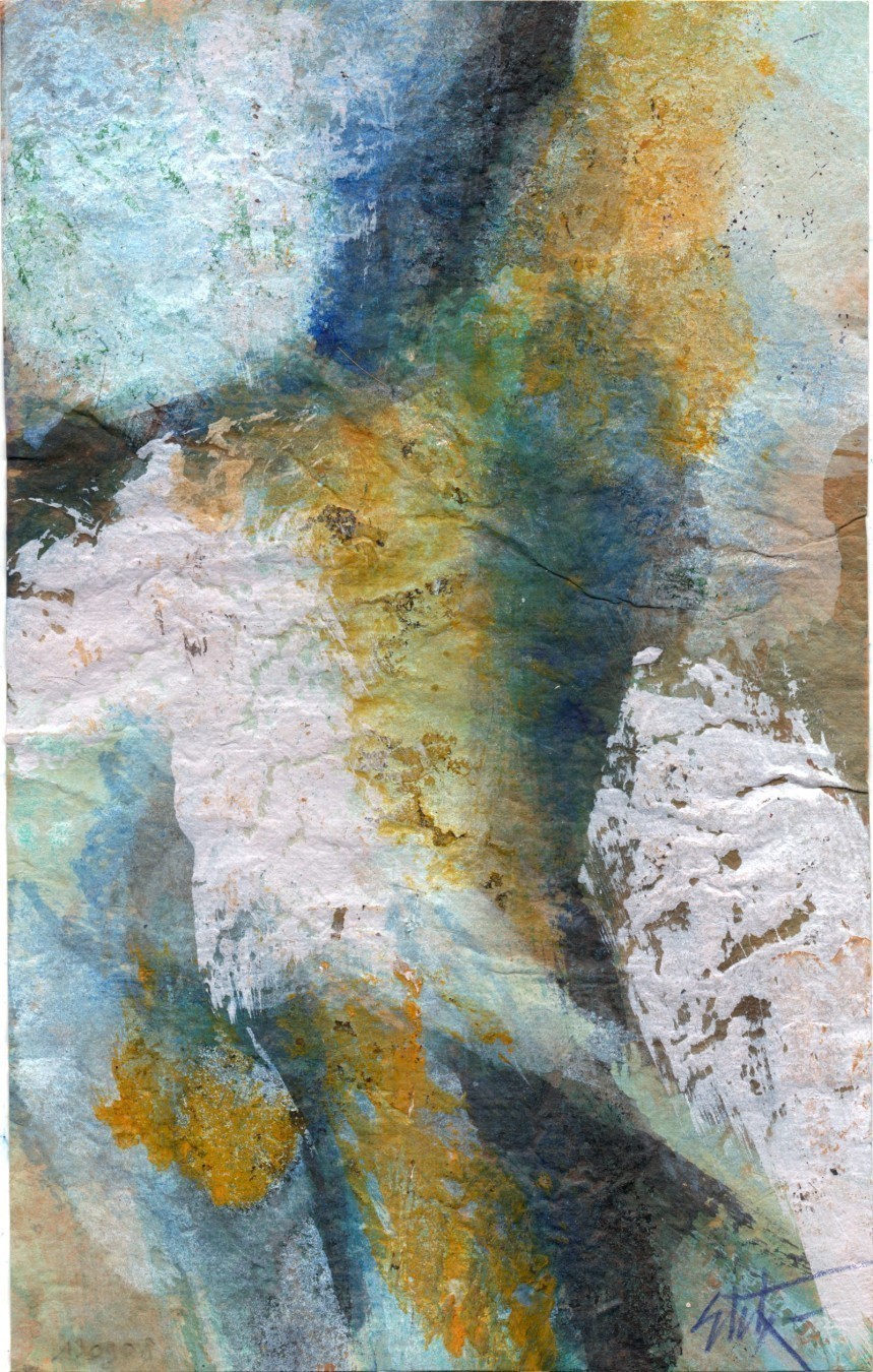 Peinture abstraite au format portrait; Courbe verticale cassée bleu foncé et orange/rouille sur fond bleu clair, deux coups de pinceaux blocs l'enserrent à mi hauteur