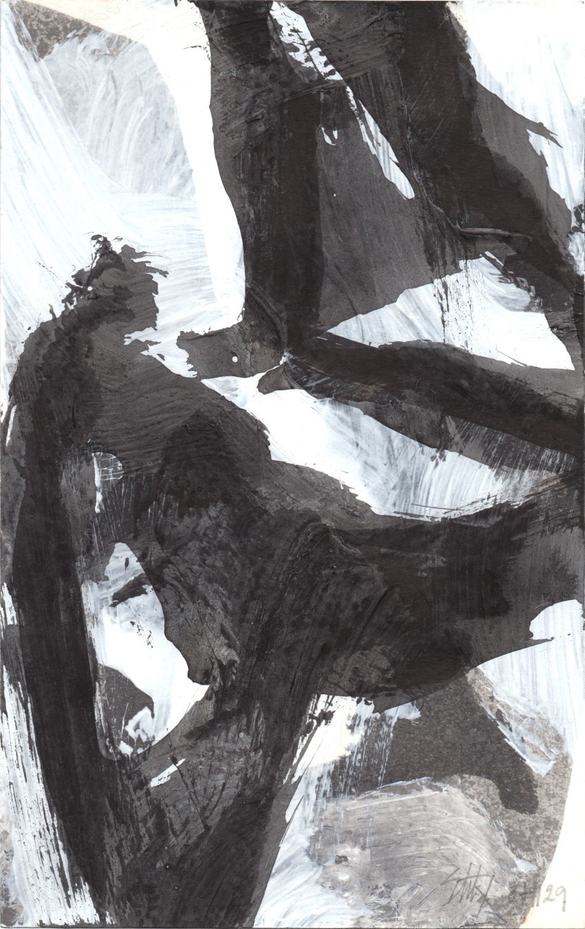 Peinture abstraite en noir et blanc au format portrait : figure en traits larges noirs qui semble prendre appui sur le milieu des 4 côtés de la composition