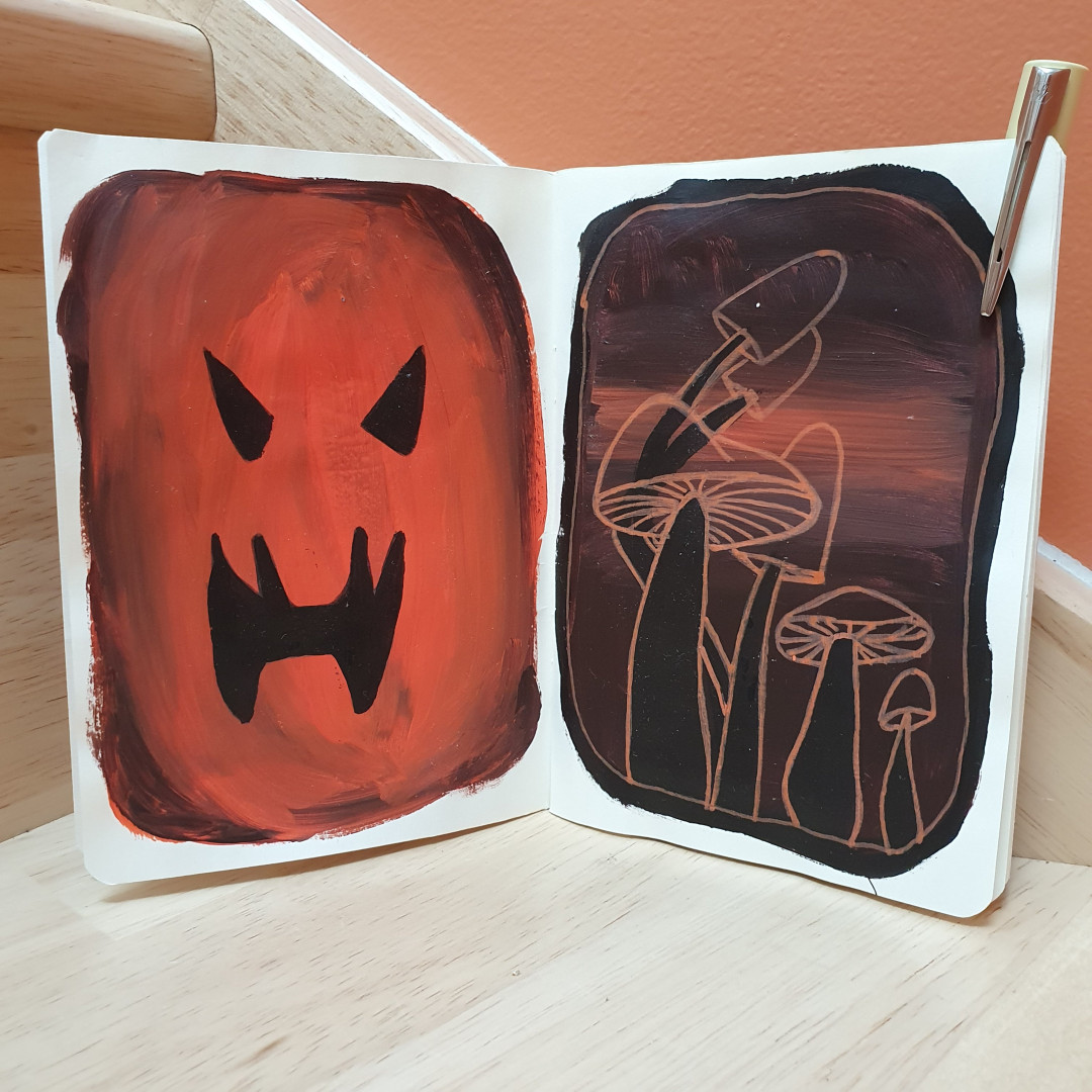 2 pages de peinture 
La 1ère une citrouille effrayante et rectangulaire 
La 2ème des contours de champignons sur un fong brun en dégradé