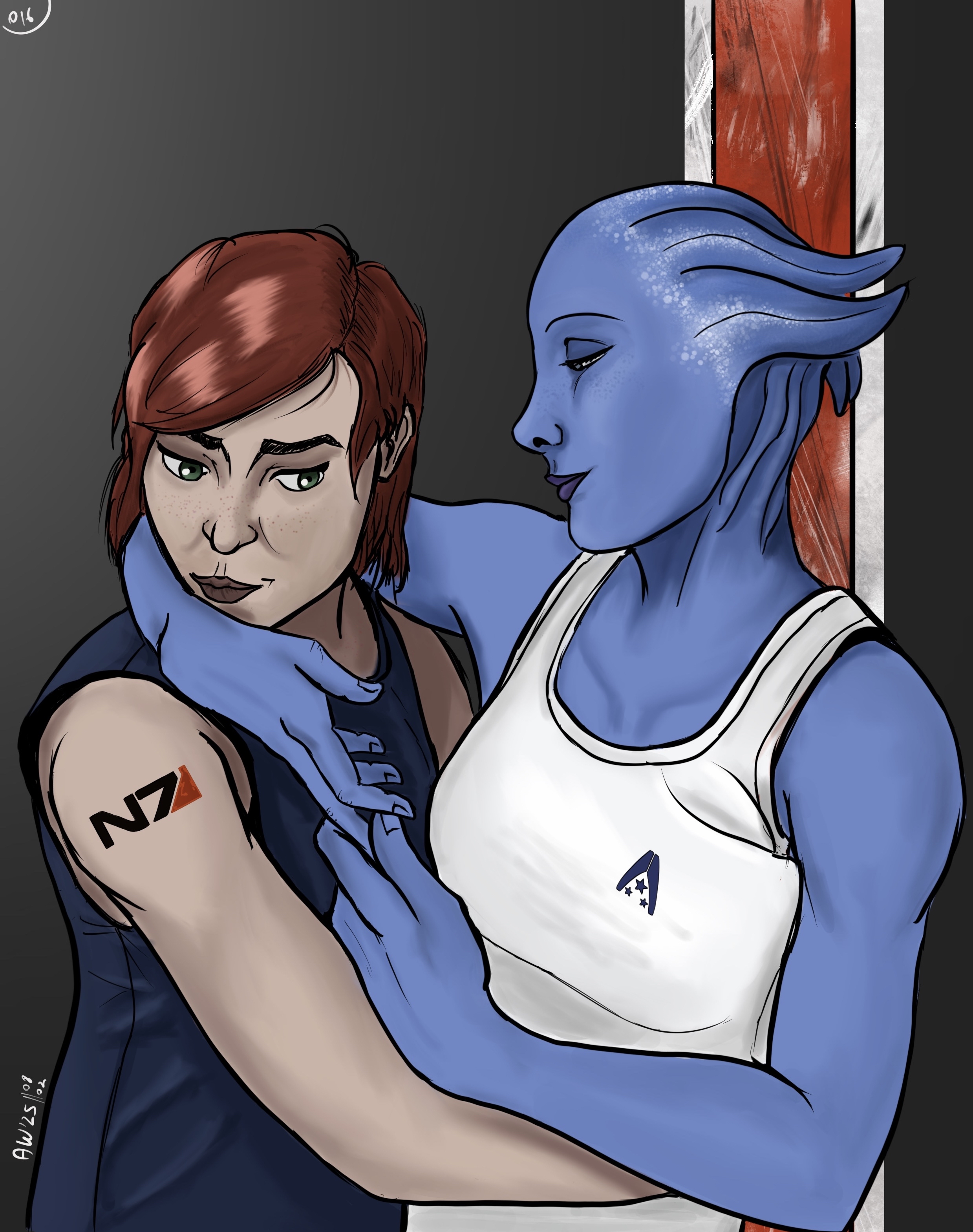 Dessin numérique couleur de Jane Shepard et Liara T’Soni, enlacées. Liara porte un débardeur blanc de l’Alliance Navy, Shepard a un tatouage N7 en haut du bras. En fond, les bandes rouge et blanches des N7.