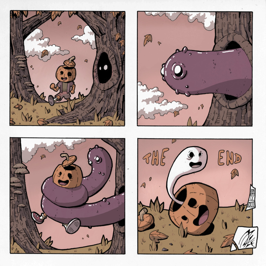 Petite BD colorisée 2 cases sur 2 : 1 Un personnage à tête de citrouille (Pumkind) se promène dans la forêt. Il porte un short, un t-shirt et une chemisette ouverte. On aperçoit deux yeux brillants dans l'obscurité d'un trou d'arbre. 2 Une créature longiligne sort du trou d'arbre. 3 La créature s'enroule autour de Pumkind, le soulevant de terre. 4 La tête de Pumkind gît par terre, un petit fantôme en sort. On peut lire 