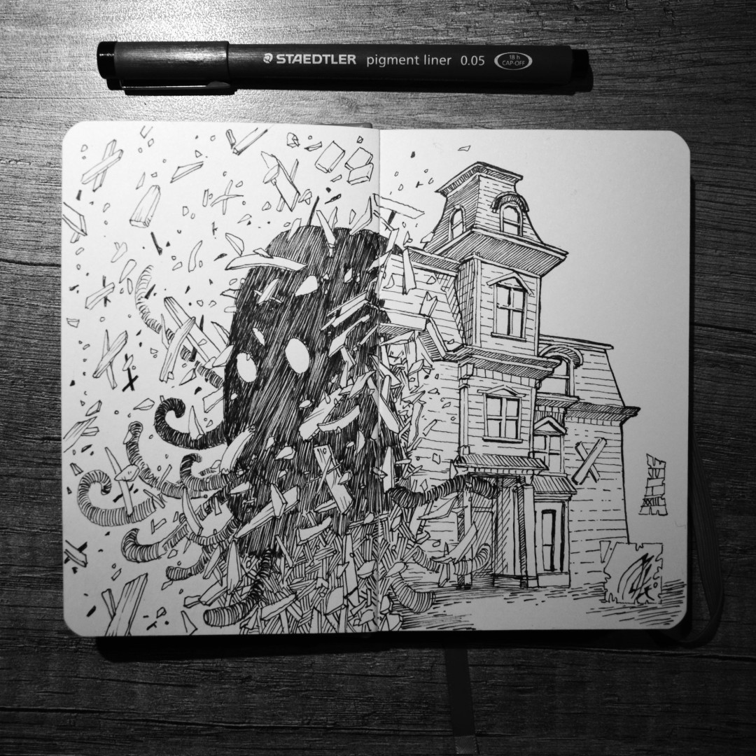 Dessin noir et blanc dans un carnet format A6 représentant une sombre créature jaillissant d'un maison victorienne en la détruisant avec ses tentacules