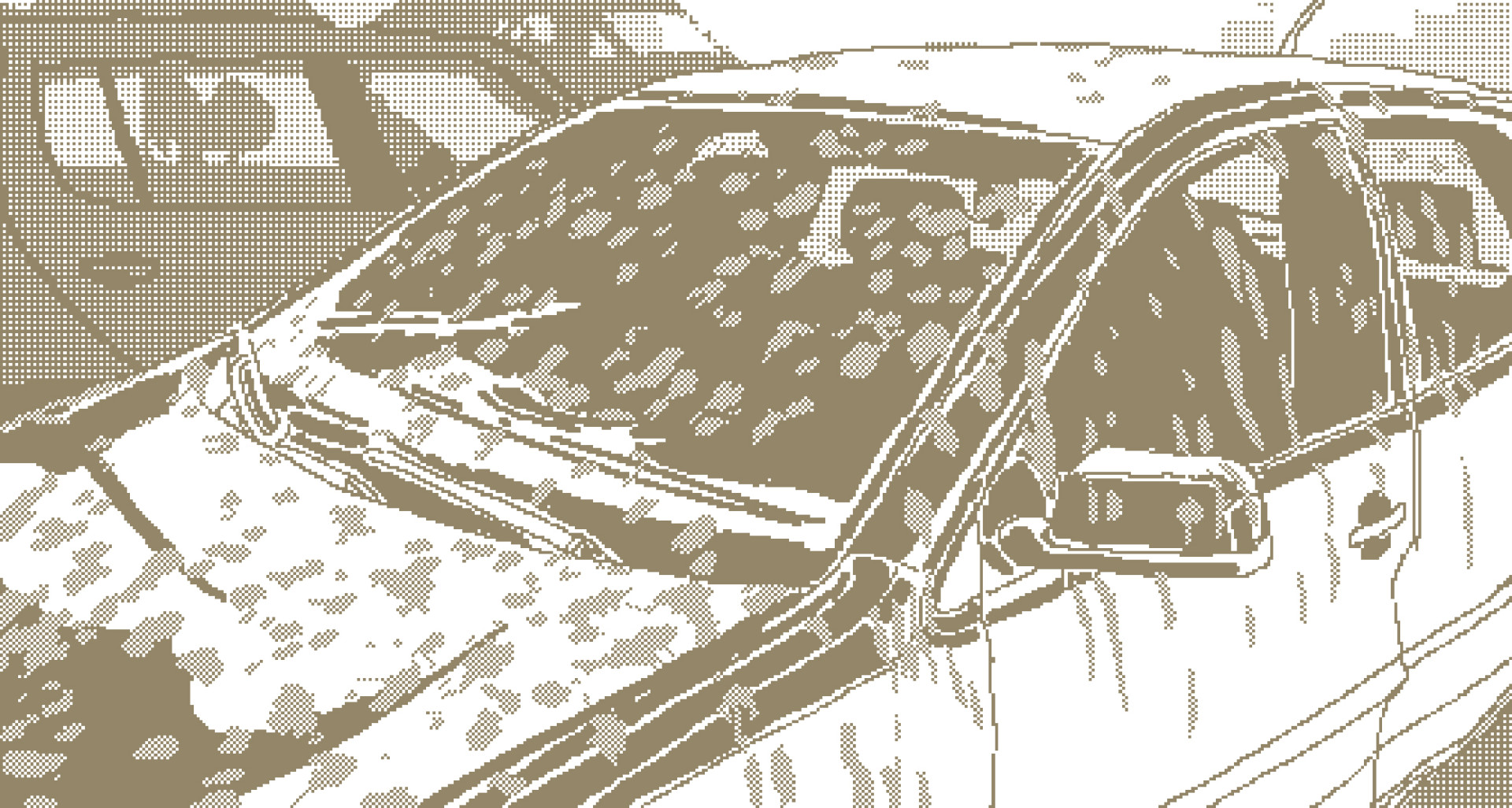 dessin en pixel art marron moche représentant une voiture garée, couverte de merde de pigeon, en plan serré