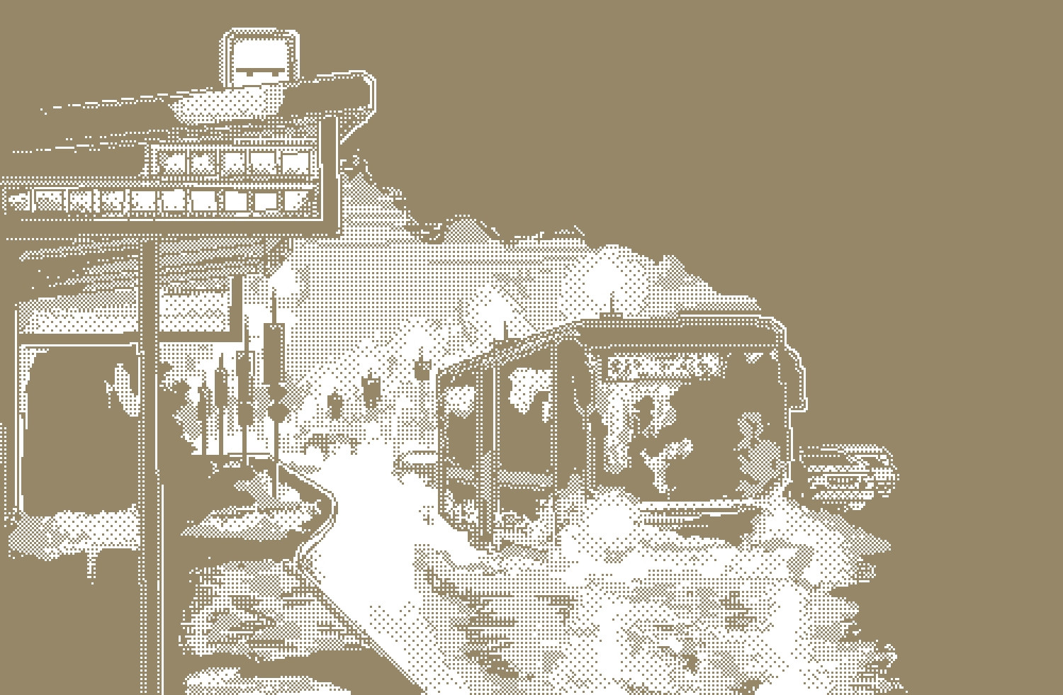 illustration en pixel-art marron moche, au format paysage. représente une rue, la nuit ou à l’aube, sous la pluie.
à gauche au premier plan on distingue un arrête de bus, et vers la droite de l’image un bus en approche, phares allumés. la scène est éclairées par les lampadaires et les phares des véhicules, qui se reflètent dans le sol détrempé.
