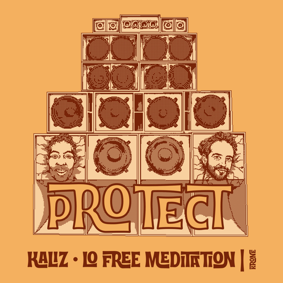 illustration en pixelart dans les tons ocres, représentant un gros sound system de face sur fond uni jaune. Dans l'enceinte en bas à gauche, la tête de Kaliz est encastrée à la place du haut-parleur ; même chose dans l'enceinte en bas à droite avec la tête de Lo Free Meditation. Sous les têtes, le titre "Protect" est écrit sur toute la largeur du sound system dans une police d'écriture d'inspiration seventies, du même jaune que l'arrière plan et avec de larges contours marron-ocre. tout en bas figurent les noms des artistes, dans la même police d'écriture mais en marron : "Kaliz · Lo Free Meditation · Krone"