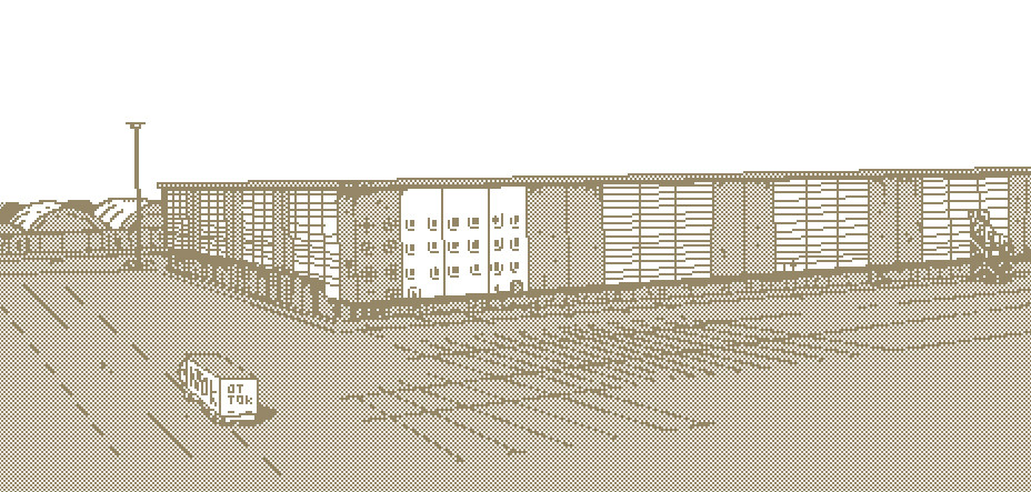 illustration en pixel-art marron moche, au format paysage. représente un très gros bâtiment parallélépipédique de zone industrielle, flanqué d’un très gros parking très vide, à l’exception d’un unique camion garé sur lequel est écrit « OTTOK ».