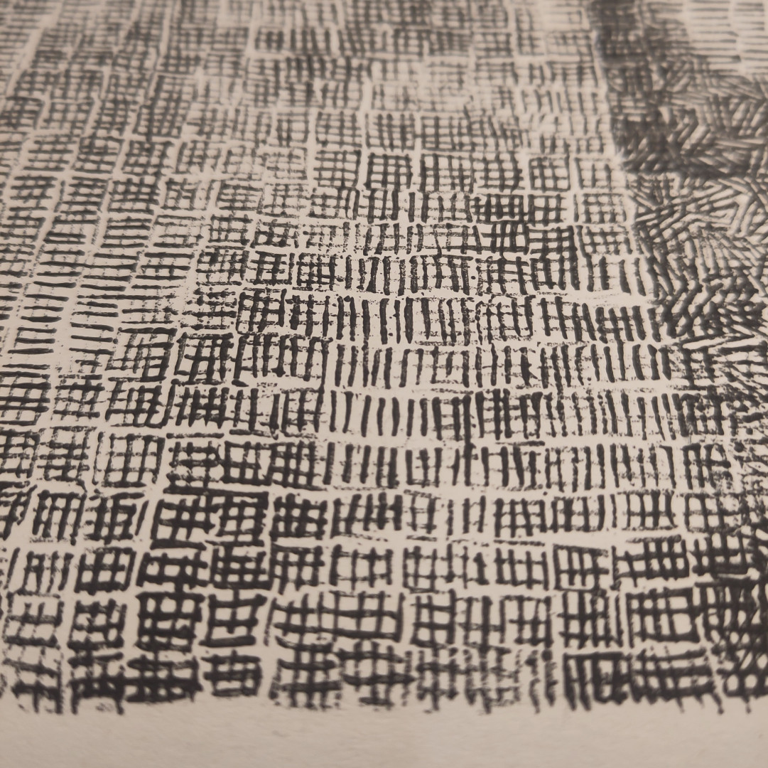 gros plan de l'estampe précédente, plein de petits traits