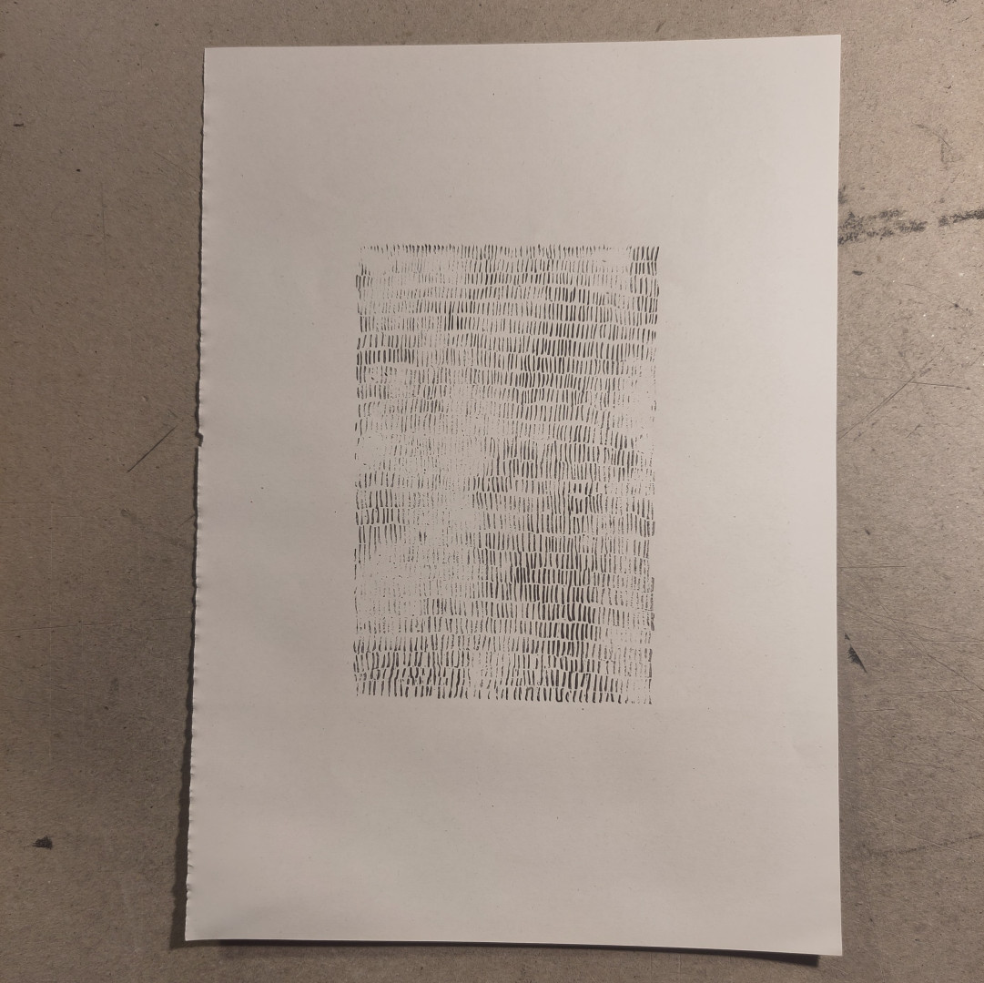 estampe à l'encre noir sur papier blanc format A4 vertical
représente une succession de petits traits verticaux rangés les uns sur les autres, dans une surface d'environ 10cm par 15cm
l'encrage est insuffisant, les traits n'apparaissent pas très bien