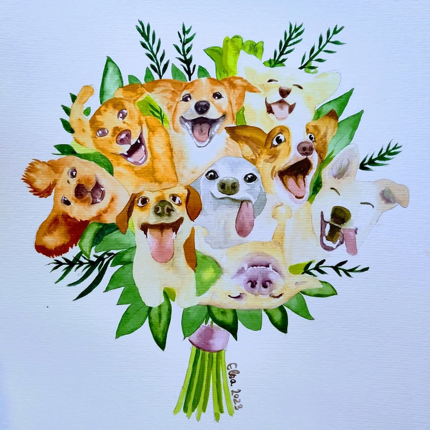 Aquarelle représentant un bouquet avec des feuilles et des têtes de petits chiens, comme s'il s'agissait de fleurs.