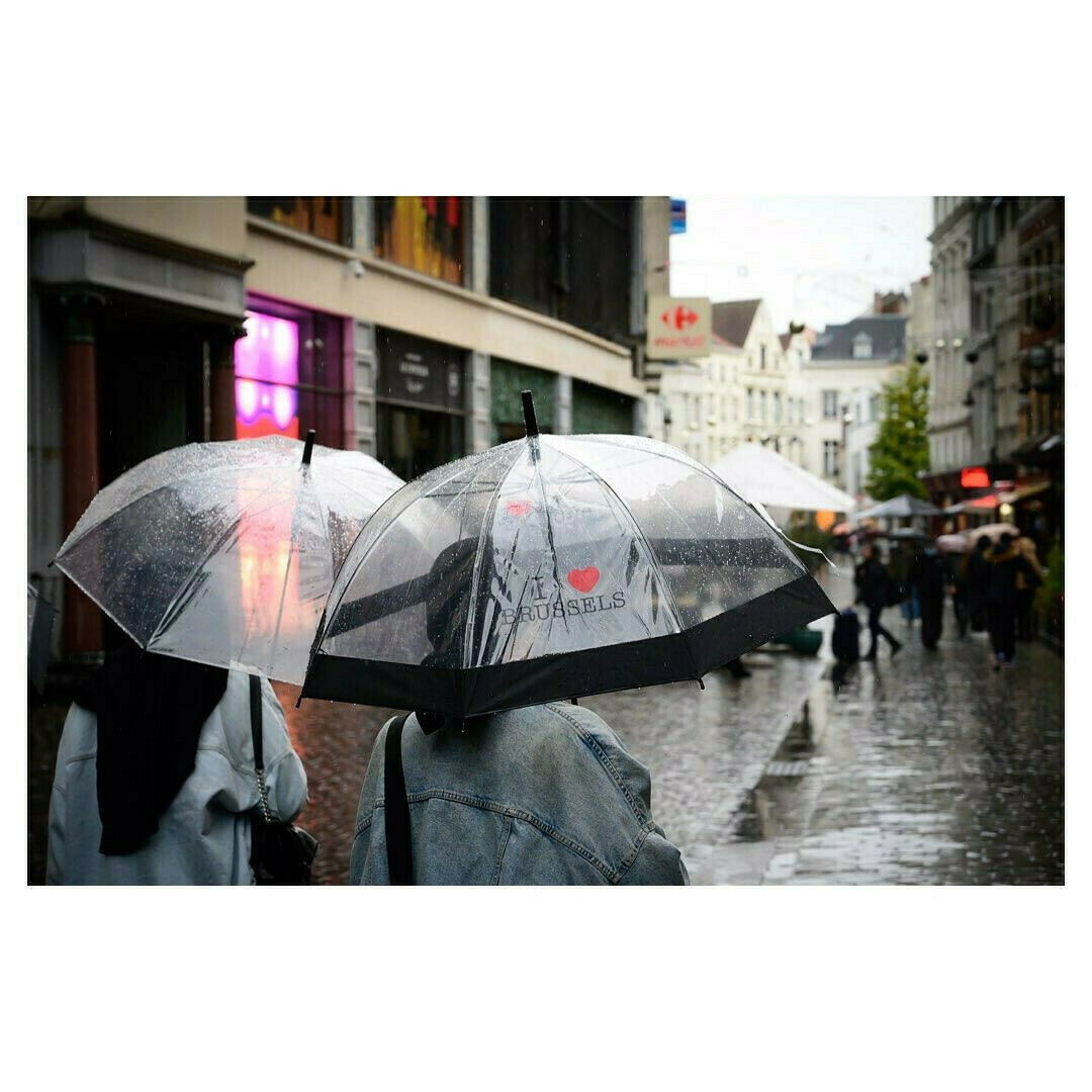 Une photo montrant des gens dans la rue à Bruxelles en Belgique, sous la pluie, avec un parapluie, extraite d'une série sur Bruxelles par temps pluvieux.