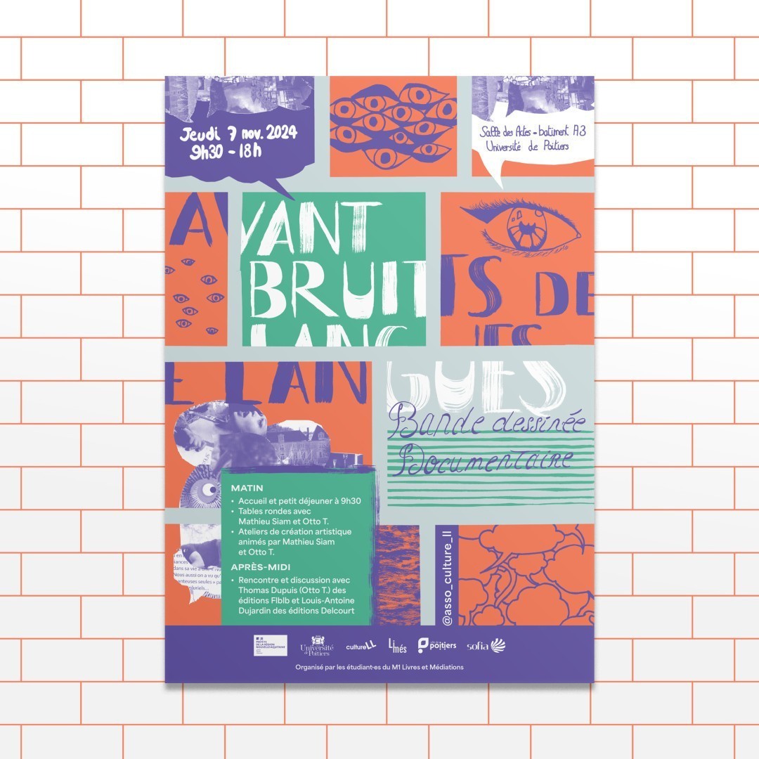 Affiche de la journée de rencontres Avant Bruits de Langues autour de la bande dessinée documentaire, organisée par l'association CultureLL et les étudiant·es du master LiMès de l'Université de Poitiers, le 7 novembre 2024