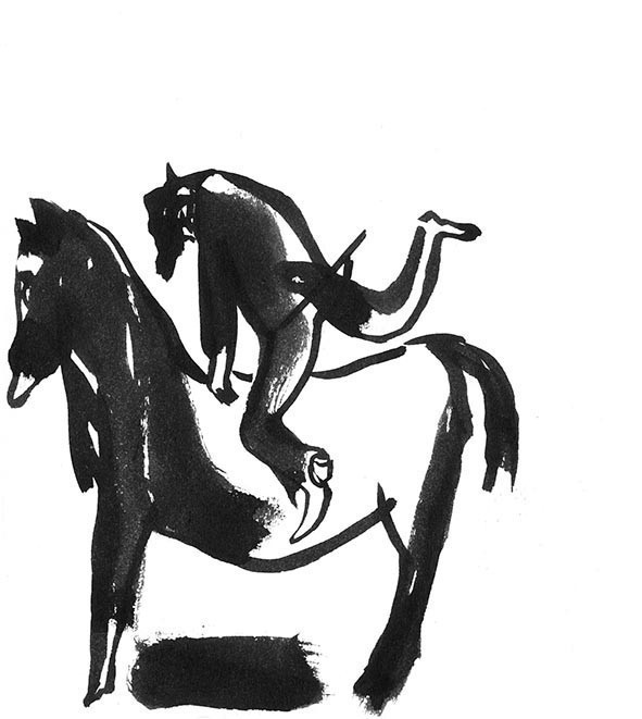 a drawing in  black ink, a person mounting on a horse