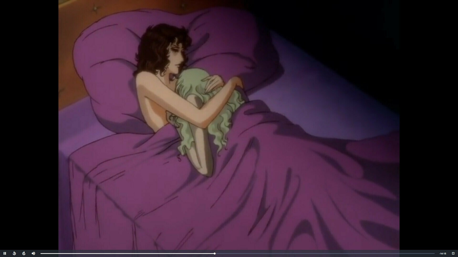 Rei & Kaoru hugging naked in a purple bed