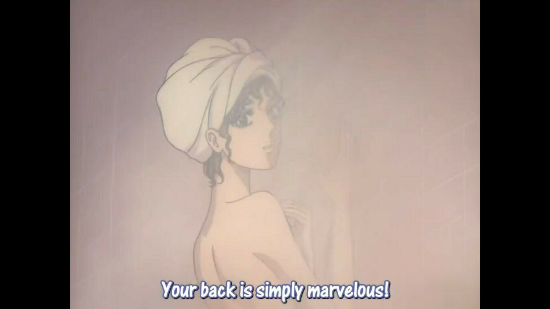 Nanako with a towel around her head in a foamy bathroom.
Mariko off screen 'Your back is simply marvelous!'