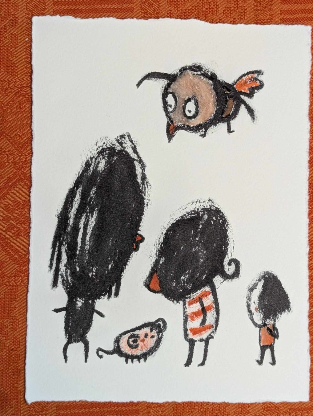 Illustration au feutre noir et aquarelle rouge, personnages.