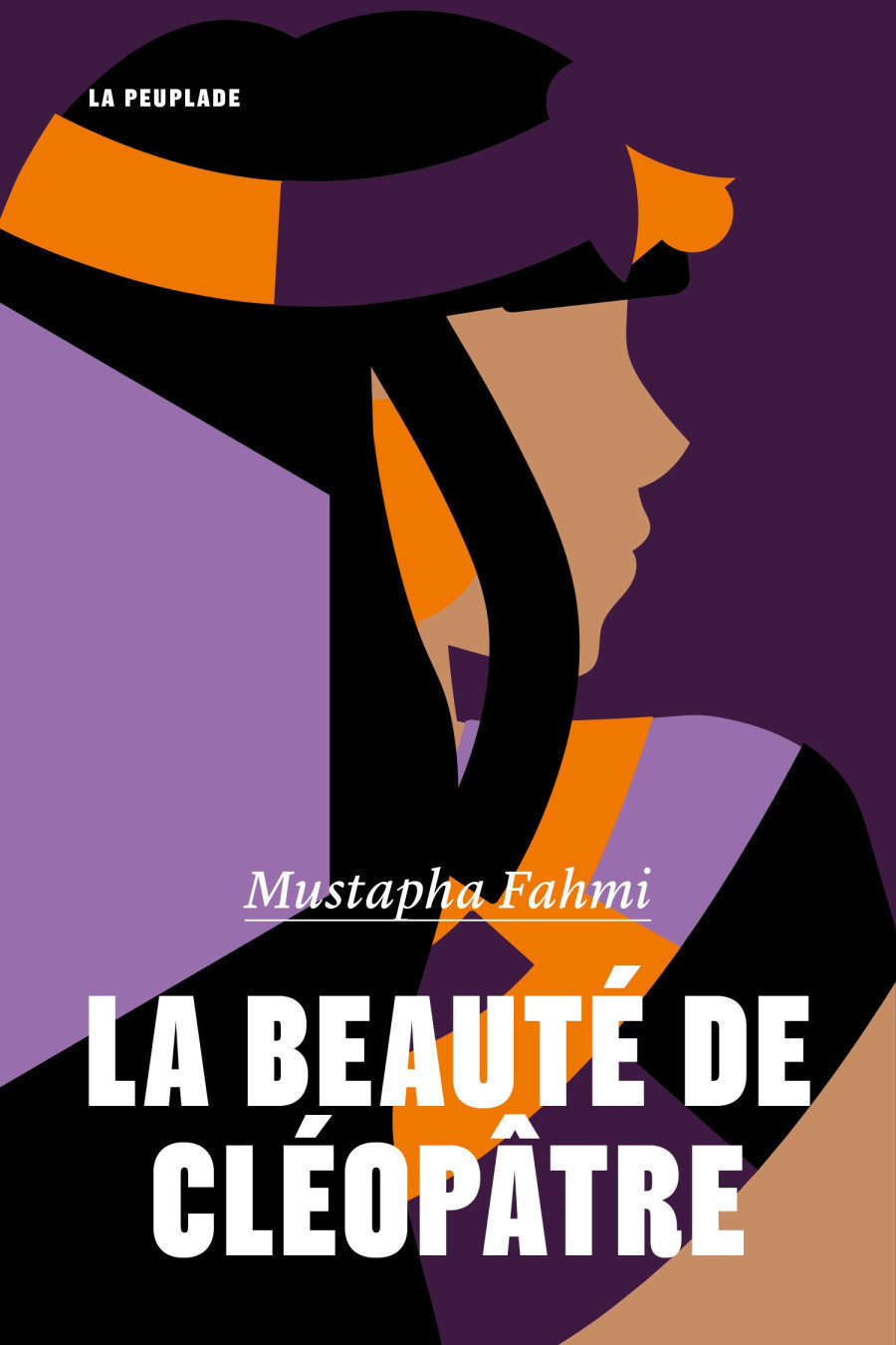 couverture de La Beauté de cléopâtre, livre de Mustapha Fahmi
Description : sur fond noir, une silhouette de Cléopâtre, de profil, tournée vers la droite, en formes très simples. 
En bas de l'image le titre 