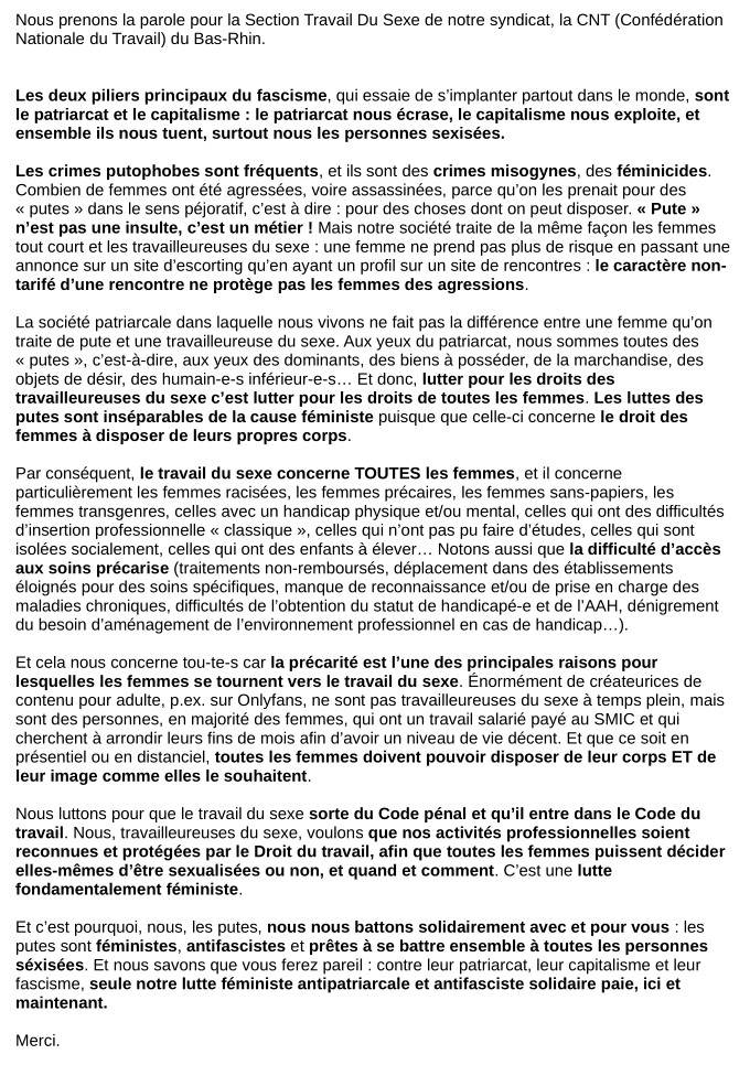 Notre prise de parole à la manifestation contre les violences patriarcales le 25 novembre 2025 à Strasbourg