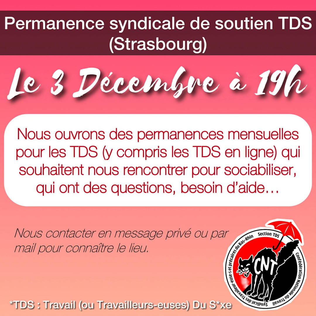 Permanence mensuelle de la Section Travail Du Sexe de la CNT STP 67 le 3 décembre 2025 à Strasbourg