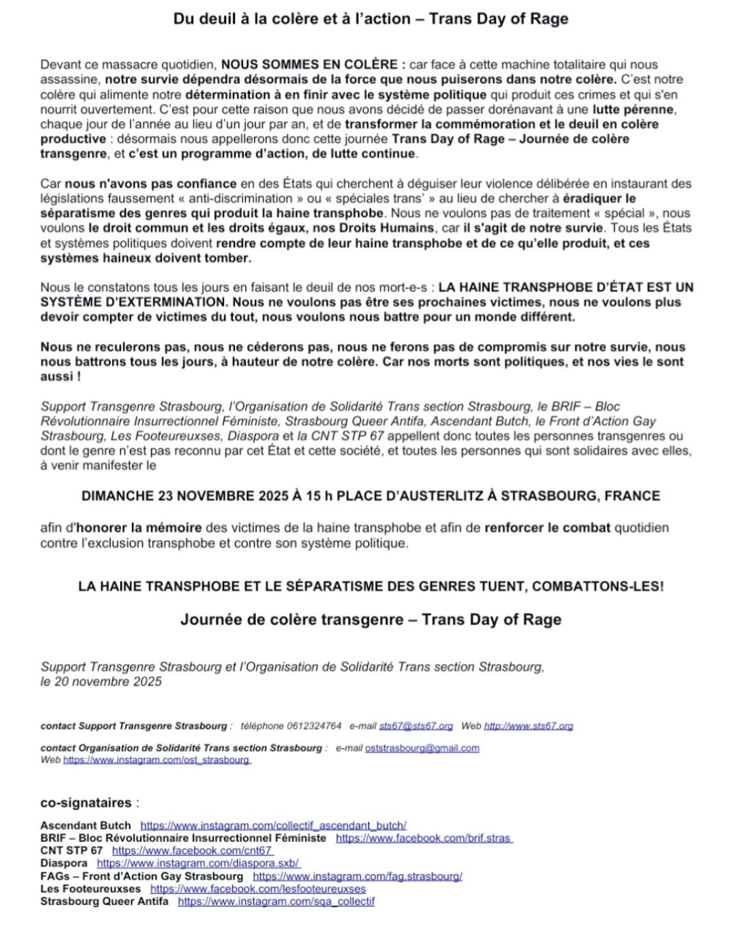 Appel à manifester pour le Trans Day of Rage le 23 novembre 2025 à Strasbourg