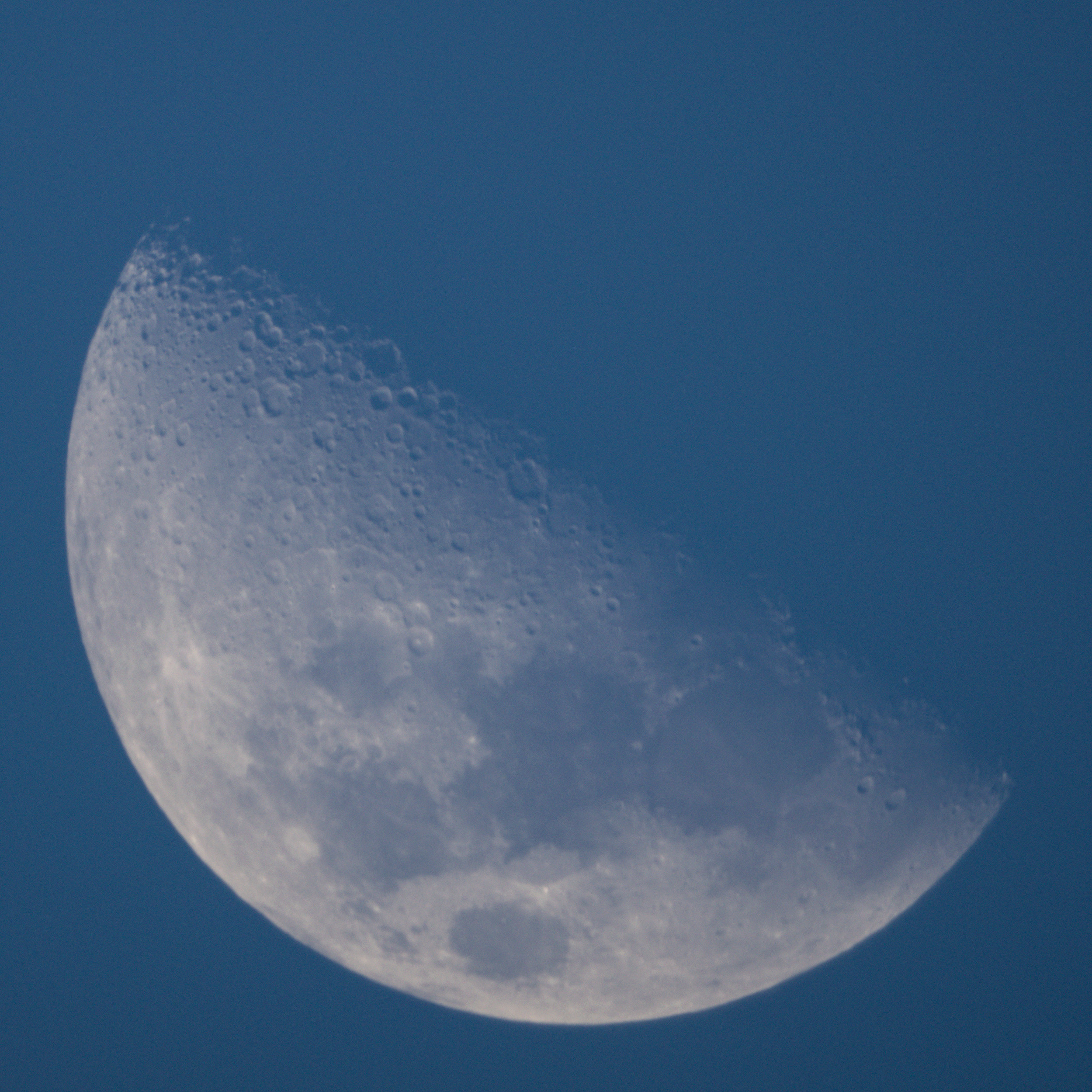 La lune, de jour, gibbeuse, sur fond bleu un peu foncé à cause du réglage de l'exposition.