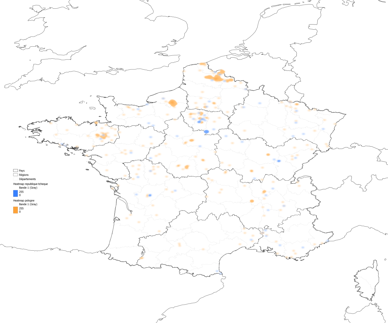 carte de chaleur montrant les villes françaises jumelées aux villes tchèques et polonaises