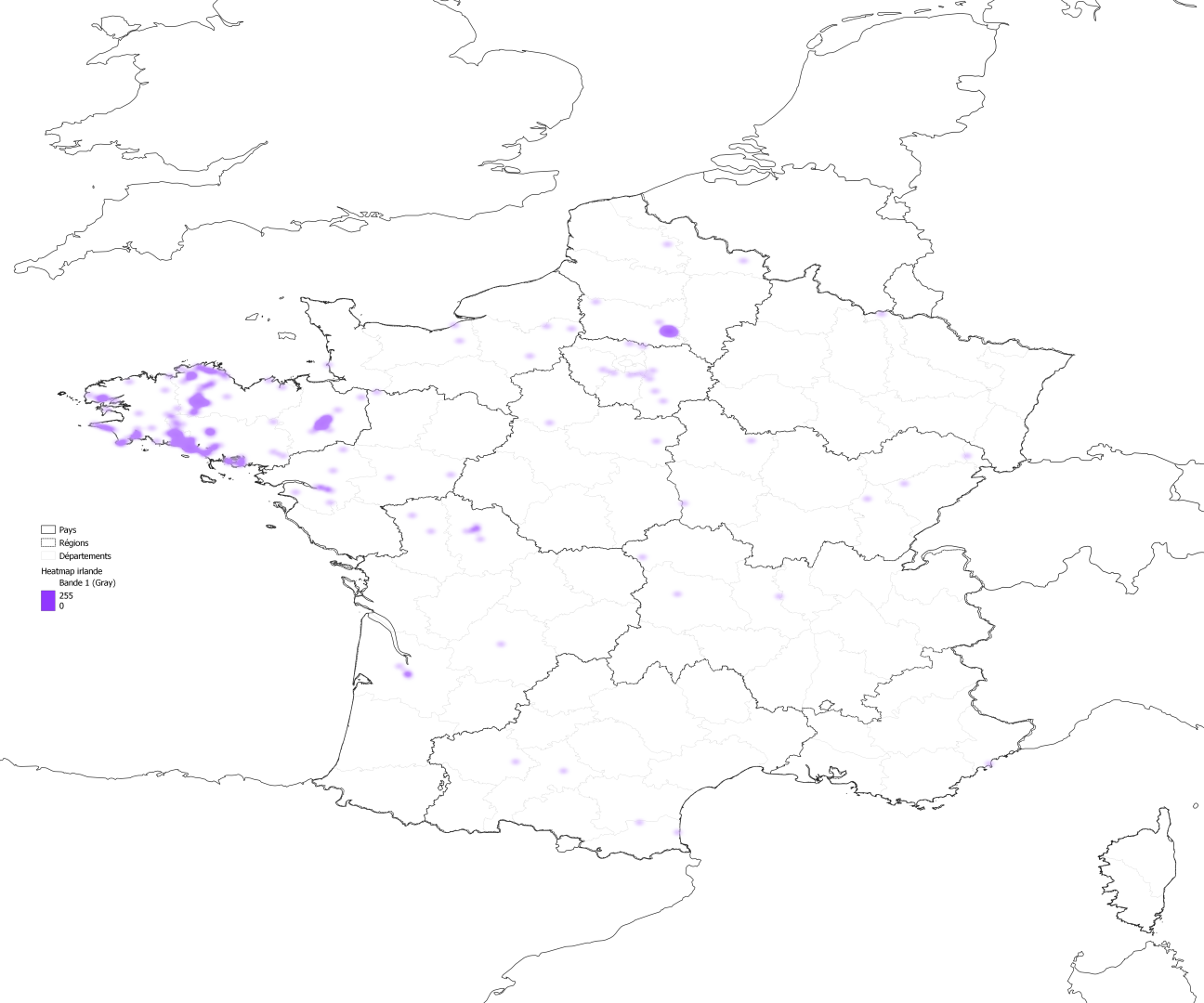 Carte de chaleur montrant les villes françaises jumelées aux villes irlandaises