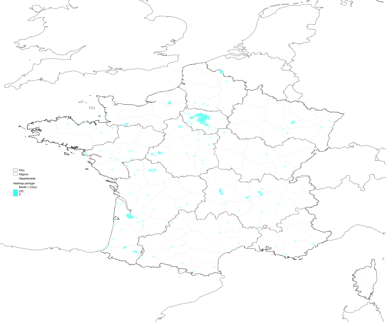 Carte de chaleur montrant les villes françaises jumelées aux villes portugaises